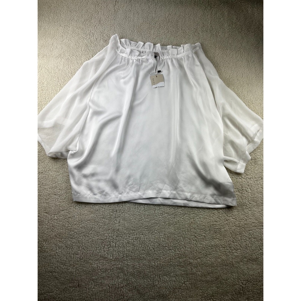 Rowen Avenue Top‎ Womens L Ruffe Neck Bouse Flare Half Sleeve Keyhole Neck White